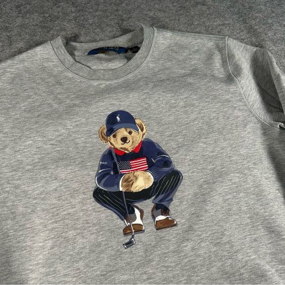 Polo By Ralph Lauren Sweatshirt Mens Large Grey Polo Bear Golf Crewneck US Flag - Picture 2 of 7